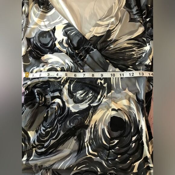 LK Bennett Black Gray White Silk Tea Midi Wrap Top Dress Cottagecore Size 8 (US) - Picture 5 of 11